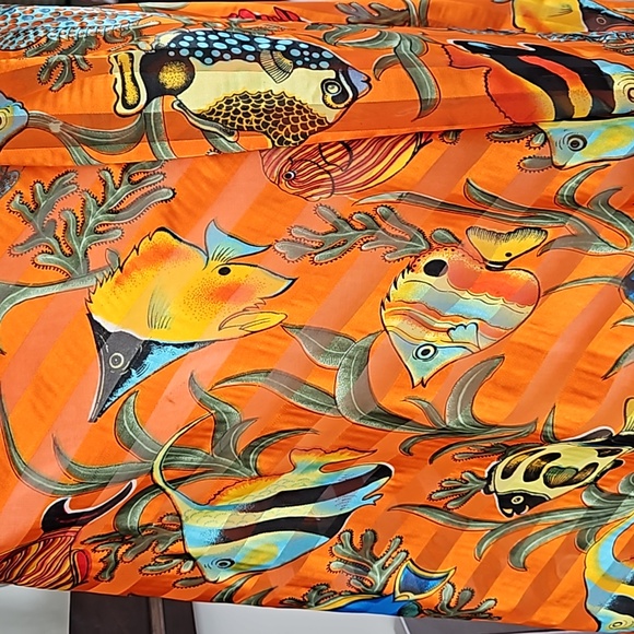 Large Scarf, wrap, or Beach cover up. Orange with colorful fish design. - Picture 4 of 6